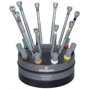 Socle tournant avec 10 tournevis d'horloger en laiton chromé, avec mèches de rechange en tubes plastiques