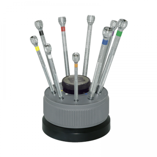 Socle tournant avec 9 tournevis d horloger en laiton chrome avec resevoir avec meches de rechange Bergeon SA