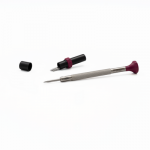 Tournevis d'horloger en acier inox, Ø 2.20 mm, tête ergonomique en matière synthétique POM autolubrifiant, avec 2 mèches de rechange en tube plastique