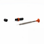 Tournevis d'horloger en acier inox, Ø 0.50 mm, tête ergonomique en matière synthétique POM autolubrifiant, avec 2 mèches de rechange en tube plastique