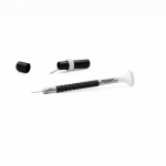 Tournevis d'horloger en acier inox, Ø 0.60 mm,  avec membrane en élastomère, tête ergonomique en matière synthétique POM autolubrifiant, avec 2 mèches de rechange en tube plastique