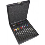 Assortiment de 10 tournevis d'horloger en acier inox, tête ergonomique en matière synthétique POM autolubrifiant, en coffret bois