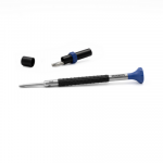 Tournevis d'horloger en acier inox, Ø 2.50 mm,  avec membrane en élastomère, tête ergonomique en matière synthétique POM autolubrifiant, avec 2 mèches de rechange en tube plastique