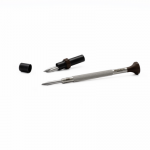 Tournevis d'horloger en acier inox, Ø 3.00 mm, tête ergonomique en matière synthétique POM autolubrifiant, avec 2 mèches de rechange en tube plastique