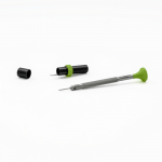 Tournevis d'horloger en acier inox, Ø 0.90 mm, tête ergonomique en matière synthétique POM autolubrifiant, avec 2 mèches de rechange en tube plastique