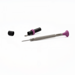 Tournevis d'horloger en acier inox, Ø 1.60 mm, tête ergonomique en matière synthétique POM autolubrifiant, avec 2 mèches de rechange en tube plastique