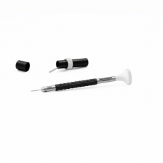 Tournevis d'horloger en acier inox, Ø 0.60 mm,  avec membrane en élastomère, tête ergonomique en matière synthétique POM autolubrifiant, avec 2 mèches de rechange en tube plastique
