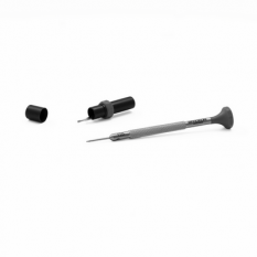 Tournevis d'horloger en acier inox, Ø 1.10 mm, tête ergonomique en matière synthétique POM autolubrifiant, avec 2 mèches de rechange en tube plastique