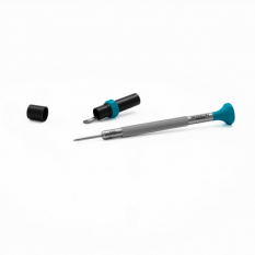 Tournevis d'horloger en acier inox, Ø 1.50 mm, tête ergonomique en matière synthétique POM autolubrifiant, avec 2 mèches de rechange en tube plastique