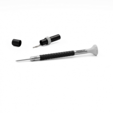 Tournevis d'horloger en acier inox, Ø 1.40 mm,  avec membrane en élastomère, tête ergonomique en matière synthétique POM autolubrifiant, avec 2 mèches de rechange en tube plastique