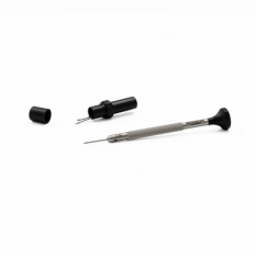 Tournevis d'horloger en acier inox, Ø 1.00 mm, tête ergonomique en matière synthétique POM autolubrifiant, avec 2 mèches de rechange en tube plastique