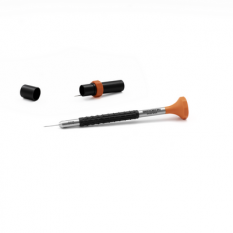 Tournevis d'horloger en acier inox, Ø 0.50 mm,  avec membrane en élastomère, tête ergonomique en matière synthétique POM autolubrifiant, avec 2 mèches de rechange en tube plastique