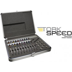 Mallette en aluminium, TORK-SPEED PREMIUM, contenant 10 tournevis d'horloger avec profilé spécial en acier inox et 10 bagues (cartouches) dynamométriques, avec 20 tubes de mèches en acier inoxydable