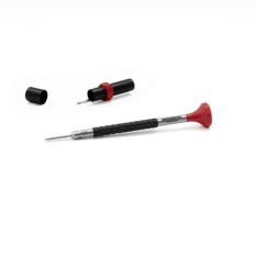Tournevis d'horloger en acier inox, Ø 1.20 mm,  avec membrane en élastomère, tête ergonomique en matière synthétique POM autolubrifiant, avec 2 mèches de rechange en tube plastique