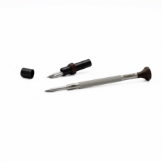 Tournevis d'horloger en acier inox, Ø 3.00 mm, tête ergonomique en matière synthétique POM autolubrifiant, avec 2 mèches de rechange en tube plastique