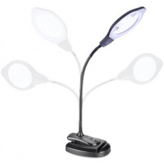 Lampe annulaire à LED, avec loupe lentille Ø 110 mm, grossissements 2x et 4x, bras flexible, socle pour bureau ou fixation par clip, trois degrés d'intensité : 30%, 60%, 100%, alimentation par câble USB