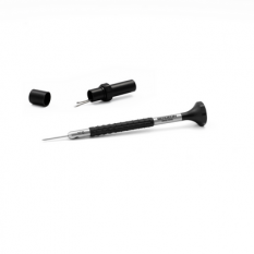 Tournevis d'horloger en acier inox, Ø 1.00 mm,  avec membrane en élastomère, tête ergonomique en matière synthétique POM autolubrifiant, avec 2 mèches de rechange en tube plastique
