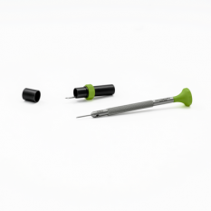 Tournevis d'horloger en acier inox, Ø 0.90 mm, tête ergonomique en matière synthétique POM autolubrifiant, avec 2 mèches de rechange en tube plastique