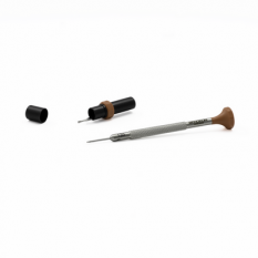 Tournevis d'horloger en acier inox, Ø 1.30 mm, tête ergonomique en matière synthétique POM autolubrifiant, avec 2 mèches de rechange en tube plastique