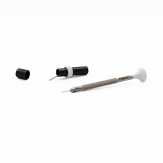 Tournevis d'horloger en acier inox, Ø 0.60 mm, tête ergonomique en matière synthétique POM autolubrifiant, avec 2 mèches de rechange en tube plastique