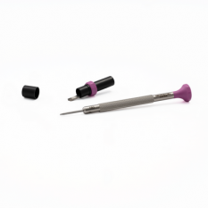 Tournevis d'horloger en acier inox, Ø 1.60 mm, tête ergonomique en matière synthétique POM autolubrifiant, avec 2 mèches de rechange en tube plastique