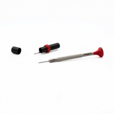 Tournevis d'horloger en acier inox, Ø 1.20 mm, tête ergonomique en matière synthétique POM autolubrifiant, avec 2 mèches de rechange en tube plastique