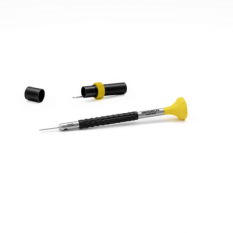 Tournevis d'horloger en acier inox, Ø 0.80 mm,  avec membrane en élastomère, tête ergonomique en matière synthétique POM autolubrifiant, avec 2 mèches de rechange en tube plastique