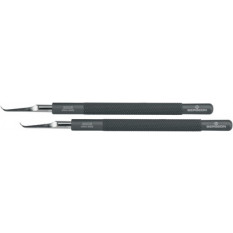 Paire de leviers pour aiguilles, fourche en acier trempé 56 HRC nicklé, poli, manche en aluminium anodisé, largeur 2.5 mm, longueur 105 mm