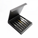 Set of 6 Precision tweezers in steel, on wooden box