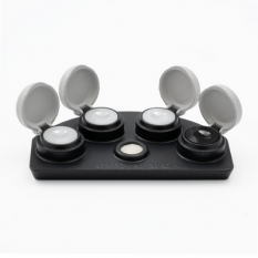 Set oil cups stand in die-cast alloy, with 3 white containers ceramic buckets and 1 black ceramic container