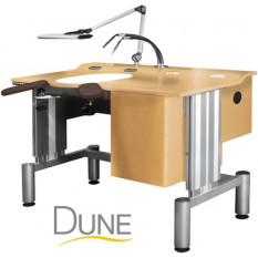 DUNE watchmaker’s workbench for the after-sales service in light wood, 2-level top,  electrical height adjustment with 4 memory positions, ball joint armrests made of leather imitation, 3-drawers board