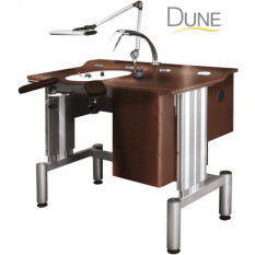 DUNE watchmaker’s workbench for the after-sales service in dark wood, 2-level top,  electrical height adjustment with 4 memory positions, ball joint armrests made of leather imitation, 3-drawers board
