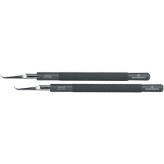 Par de palancas para agujas, puntas en acero templado y niquelado 56 HRC, pulido, mango en aluminio anodizado, anchura 2,5 mm, longitud 105 mm