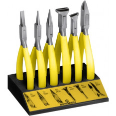 Set of 6 striated spout pliers, in polished steel, inter -shed joints, yellow plasticized branches, length 130 mm