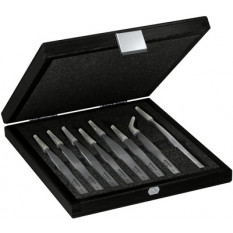 Set of 8 Precision tweezers in steel for watchmaker's and jewellers, in wooden box